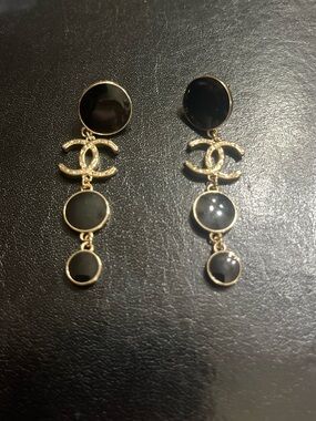 Chanel Black Gold Tone Dot Dangle Letter Logo Earrings